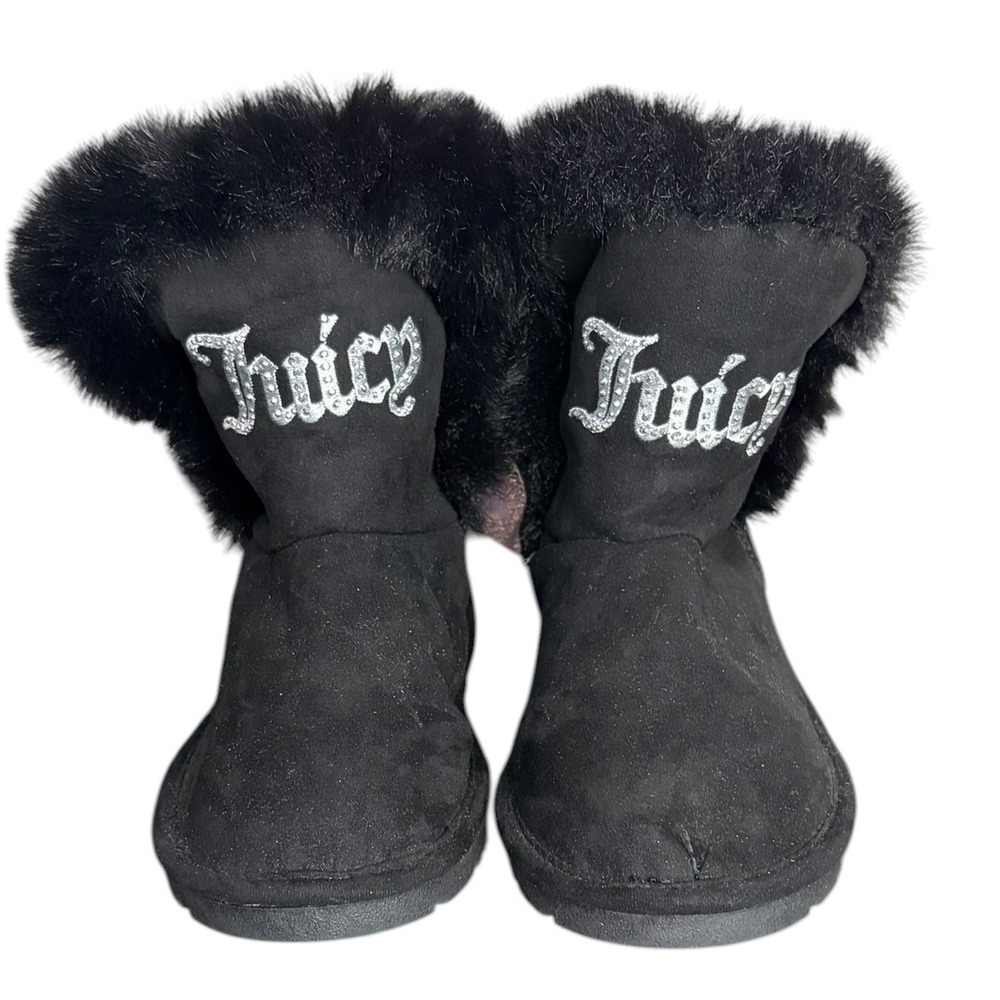 NWT Juicy Couture Black Faux‎ Fur Boots Rhinestone Bow Glitter Logo Kid's Size 1 - Picture 2 of 9